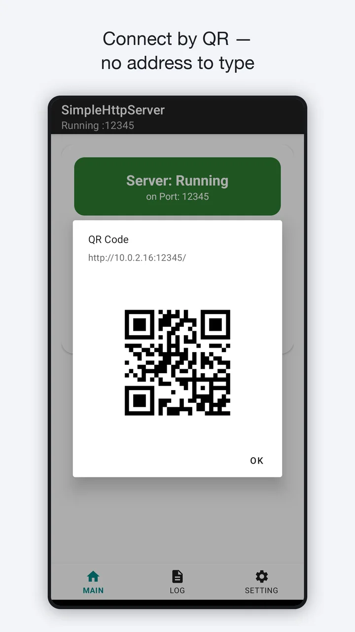 Connect by QR — no address to type